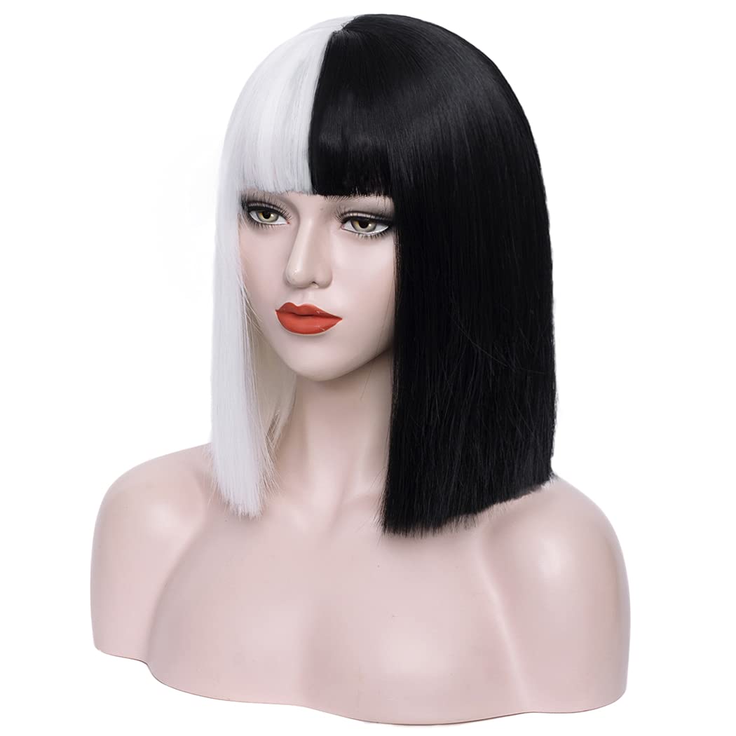 Black & White Split Bob Costume Wig – Straight Hair with Bangs