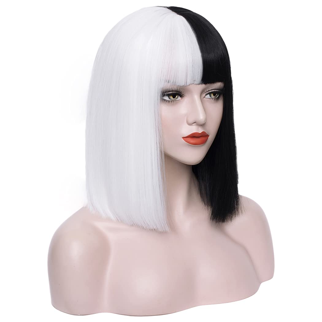 Black & White Split Bob Costume Wig – Straight Hair with Bangs