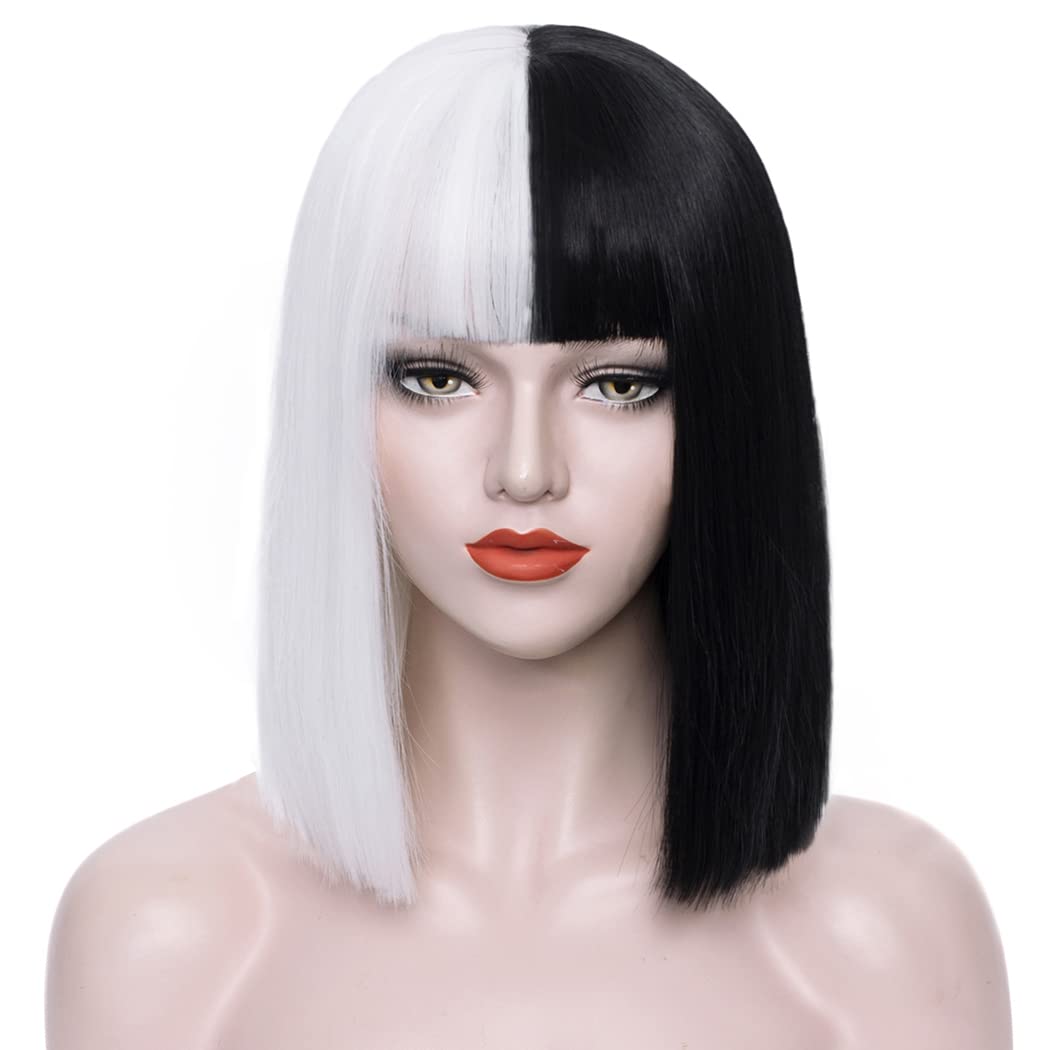 Black & White Split Bob Costume Wig – Straight Hair with Bangs