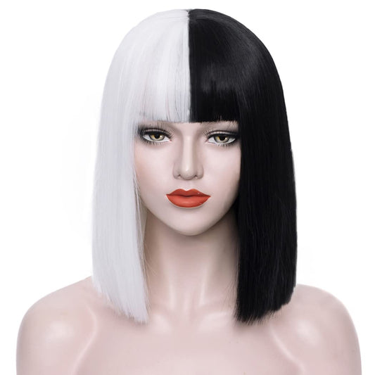 Black & White Split Bob Costume Wig – Straight Hair with Bangs