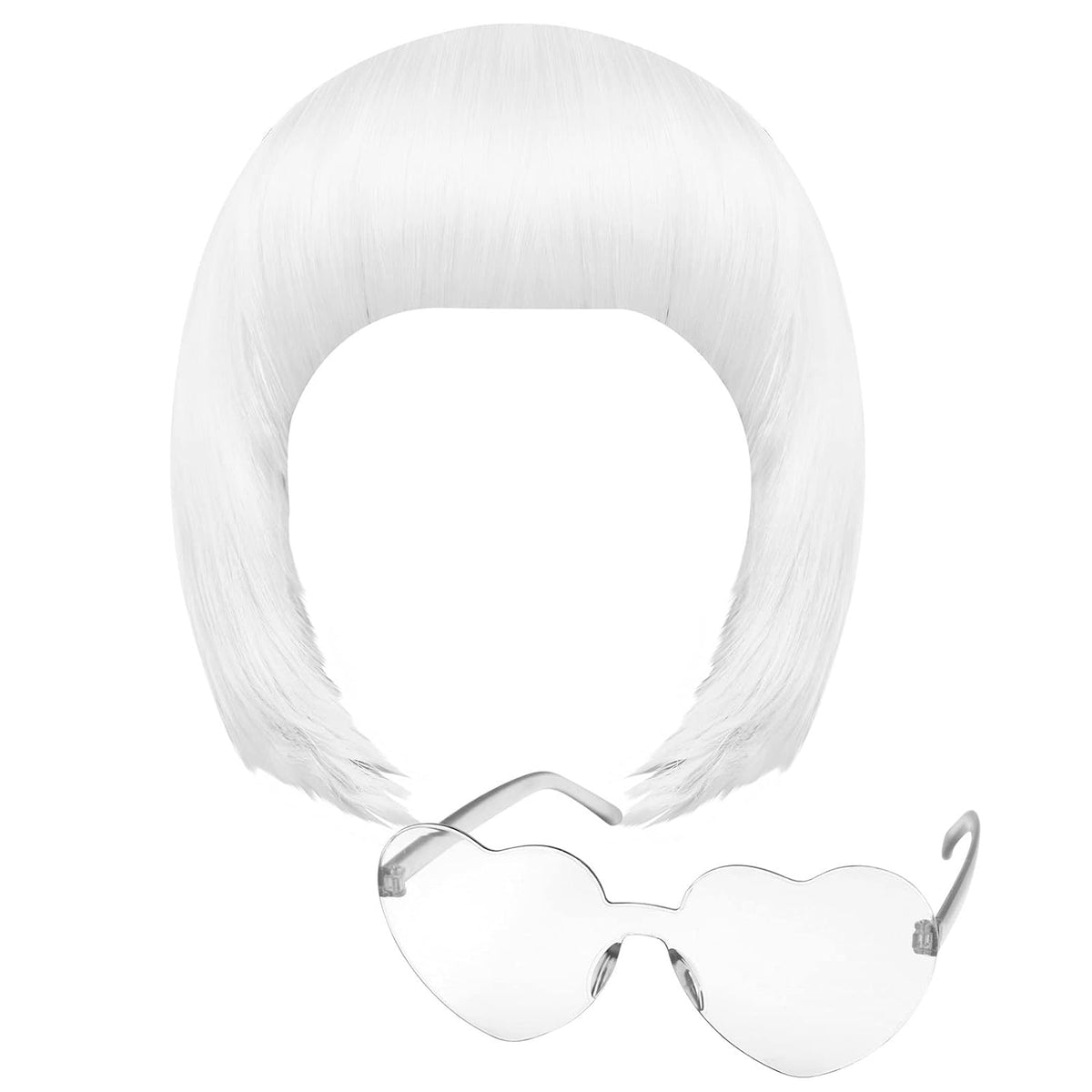 White Bob Costume Wig & Heart-Shaped Glasses Set