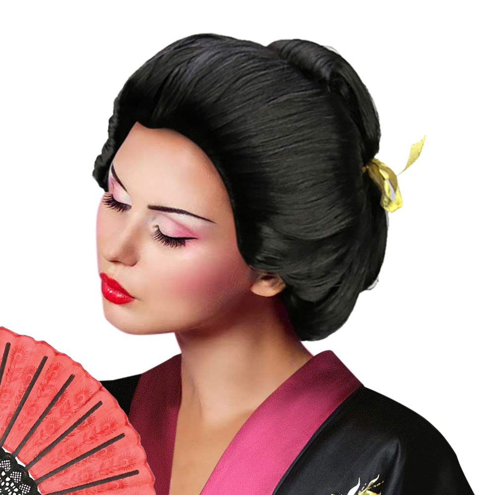 Elegant Black Updo Costume Wig – Classic Formal Bun Style - Geisha