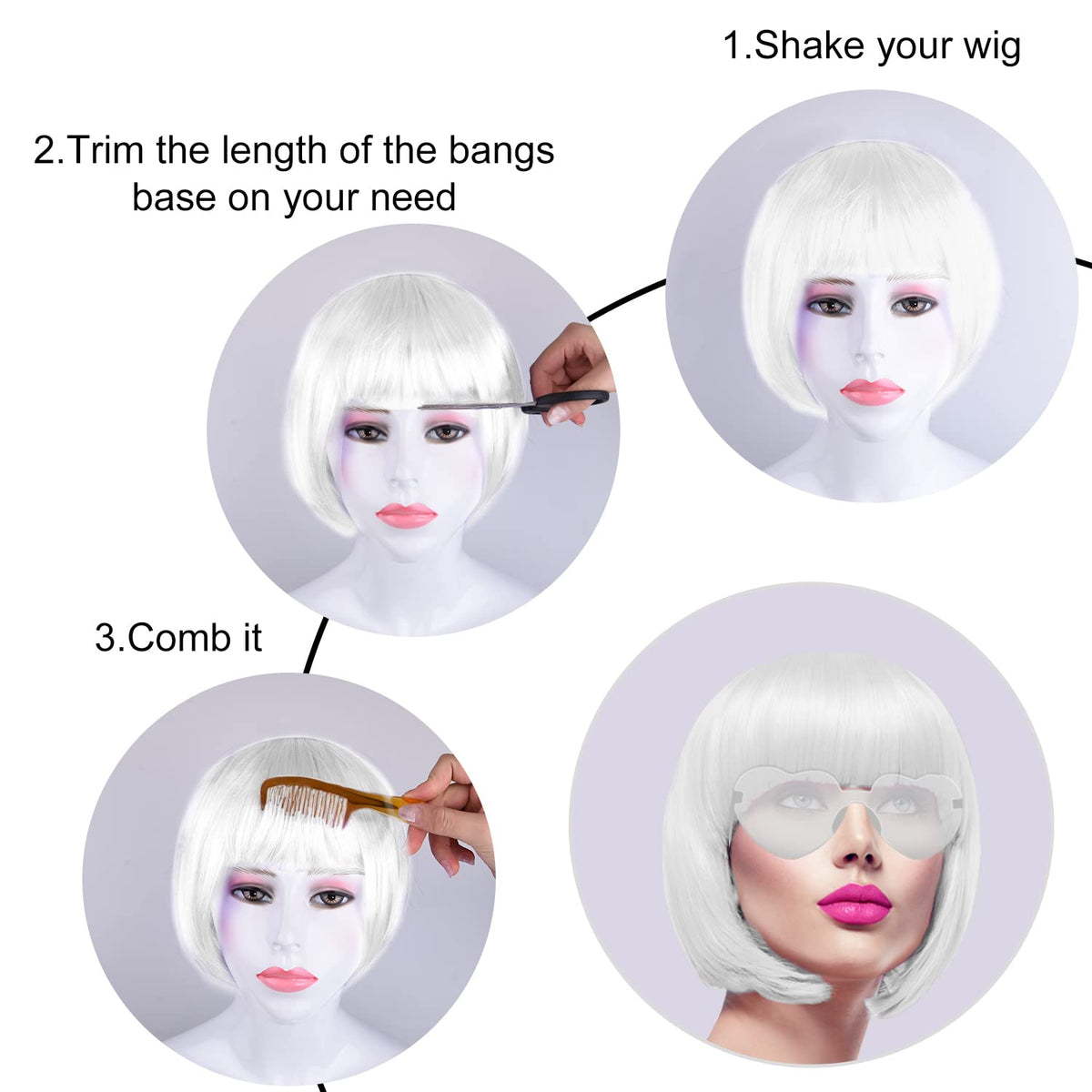 White Bob Costume Wig & Heart-Shaped Glasses Set