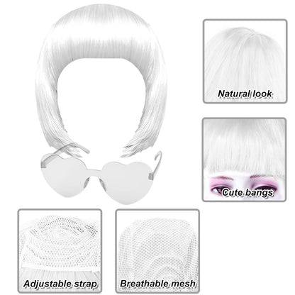 White Bob Costume Wig & Heart-Shaped Glasses Set