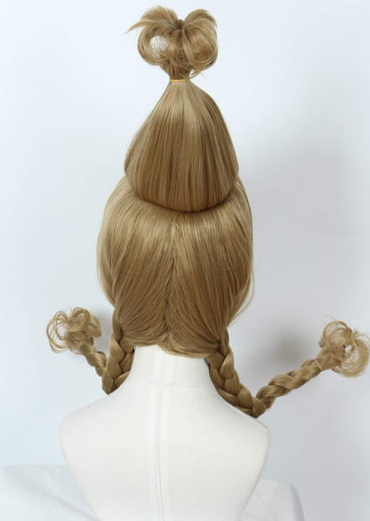 Blonde Whimsical Holiday Costume Wig with Red Bow & Cloak – Braided Pigtails Lou Who