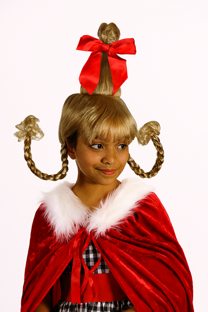 Blonde Whimsical Holiday Costume Wig with Red Bow & Cloak – Braided Pigtails Lou Who