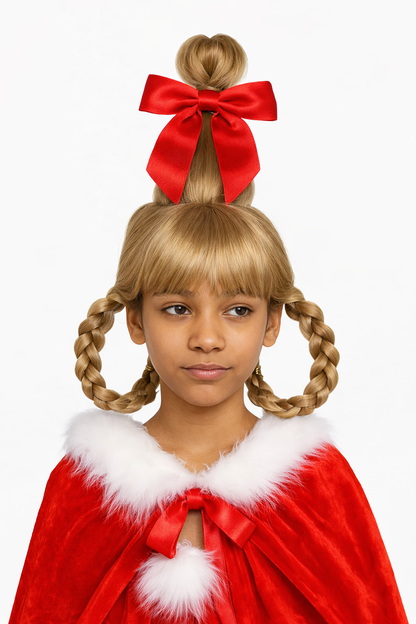 Blonde Whimsical Holiday Costume Wig with Red Bow & Cloak – Braided Pigtails Lou Who