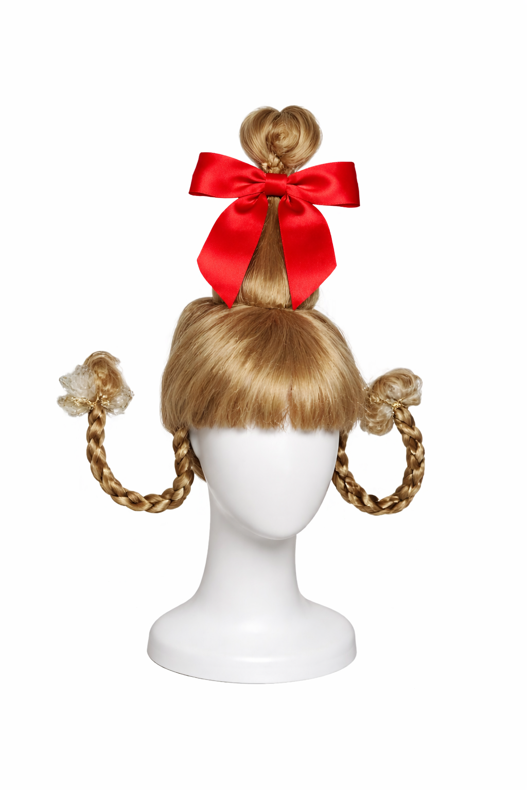 Blonde Whimsical Holiday Costume Wig with Red Bow & Cloak – Braided Pigtails Lou Who