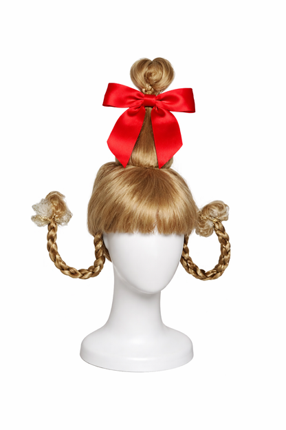Blonde Whimsical Holiday Costume Wig with Red Bow & Cloak – Braided Pigtails Lou Who