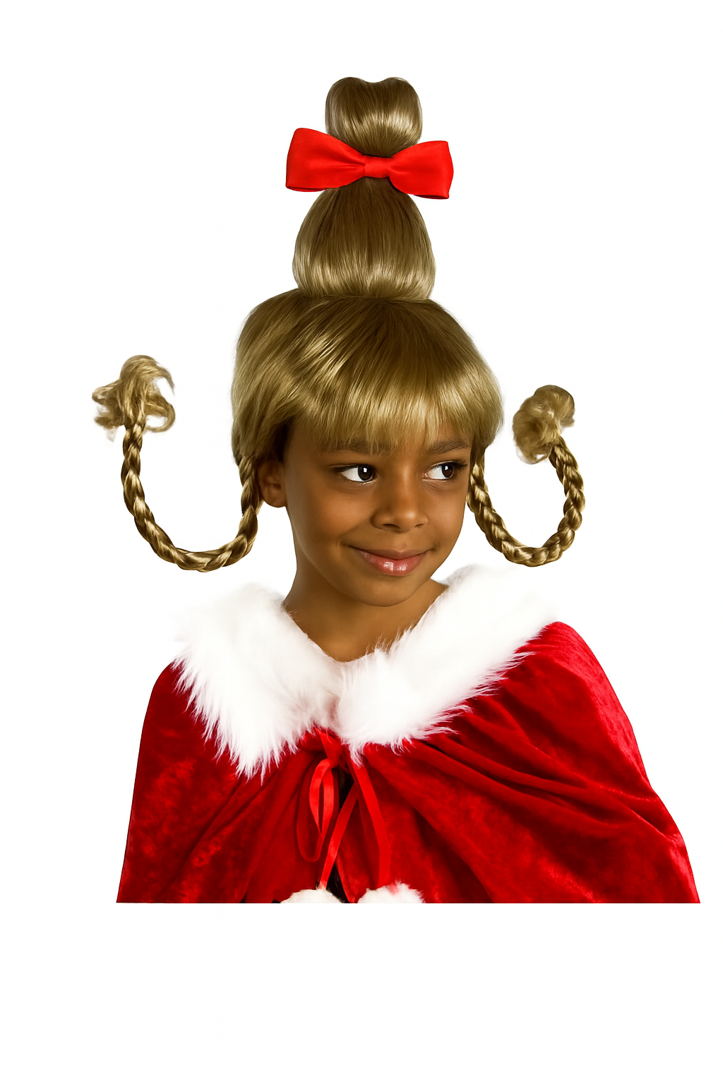 Blonde Whimsical Holiday Costume Wig with Red Bow & Cloak – Braided Pigtails Lou Who
