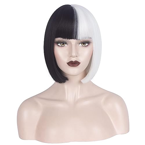 My Costume Wigs Cruella Bob with Bangs Black and White, Halloween, Cosplay, Costume Party