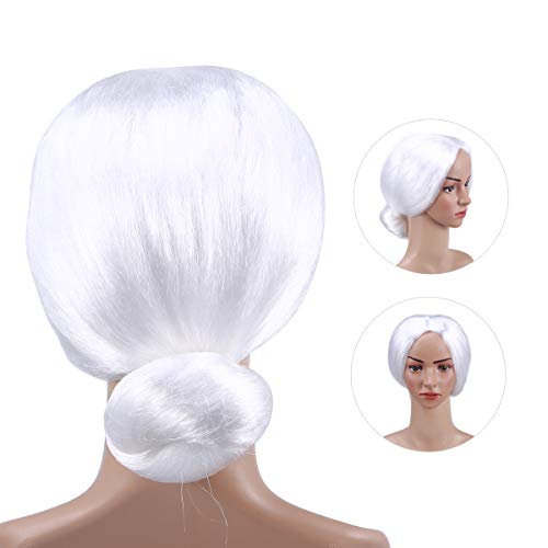 White Cosplay Wig with Bun Old Lady Dress Up Wig for Show Party Christmas