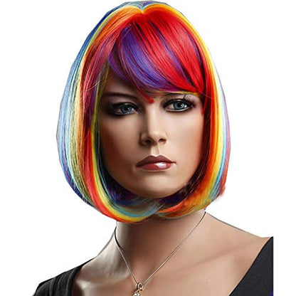 Rainbow Bob Costume Wig – Short Multicolor Wig with Bangs