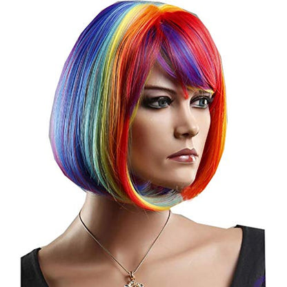 Rainbow Bob Costume Wig – Short Multicolor Wig with Bangs