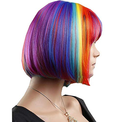 Rainbow Bob Costume Wig – Short Multicolor Wig with Bangs
