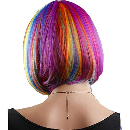 Rainbow Bob Costume Wig – Short Multicolor Wig with Bangs